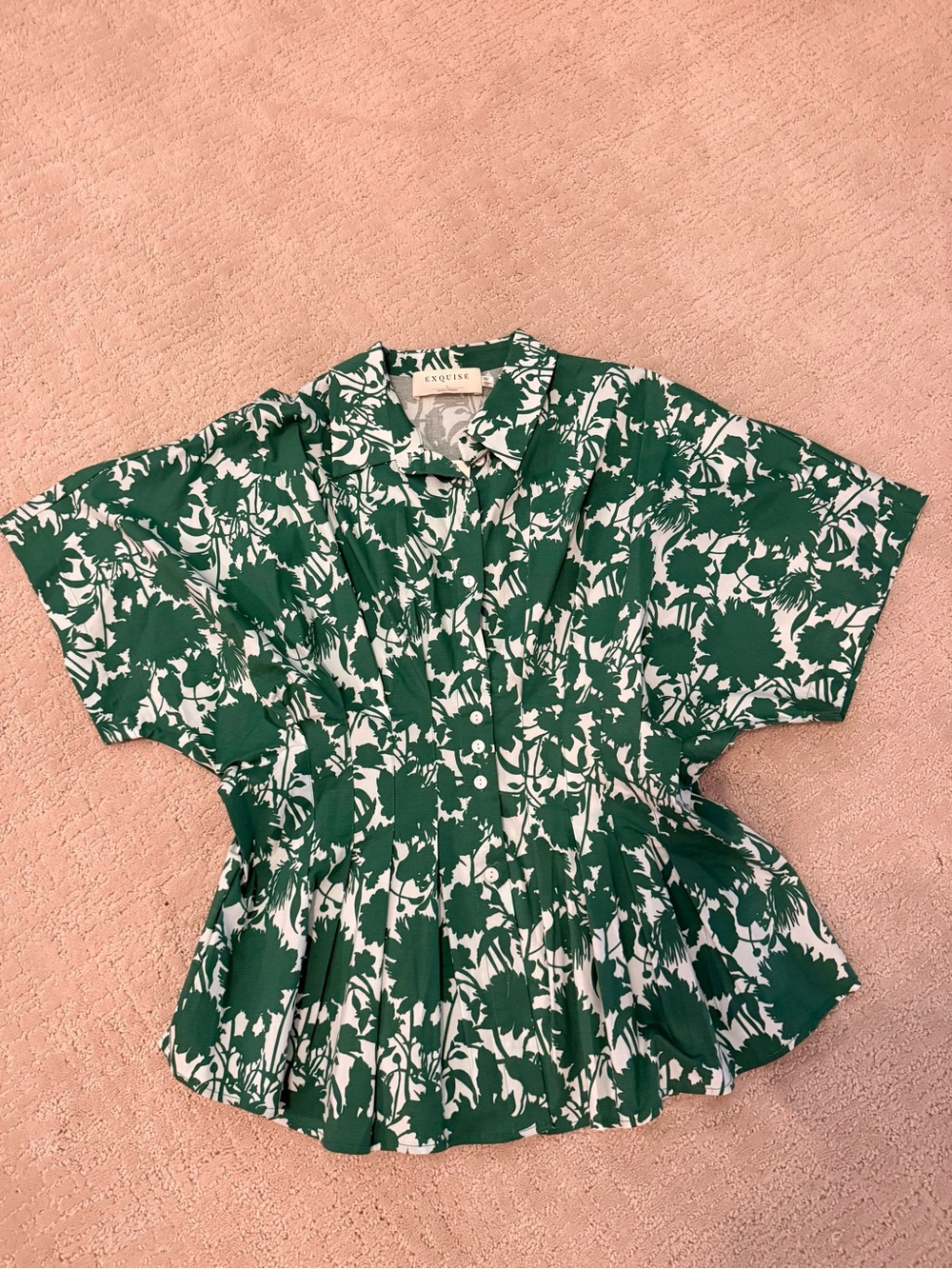 Green Floral Button-Front Peplum Blouse by Exquise